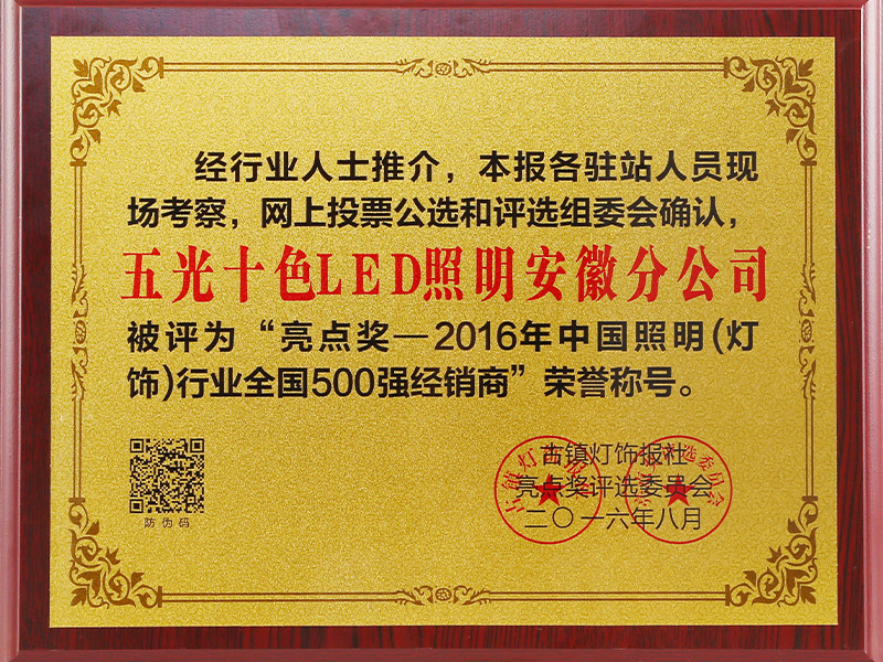 亮点奖—2016年中国新利18app体育(灯饰)行业全国500强经销商
